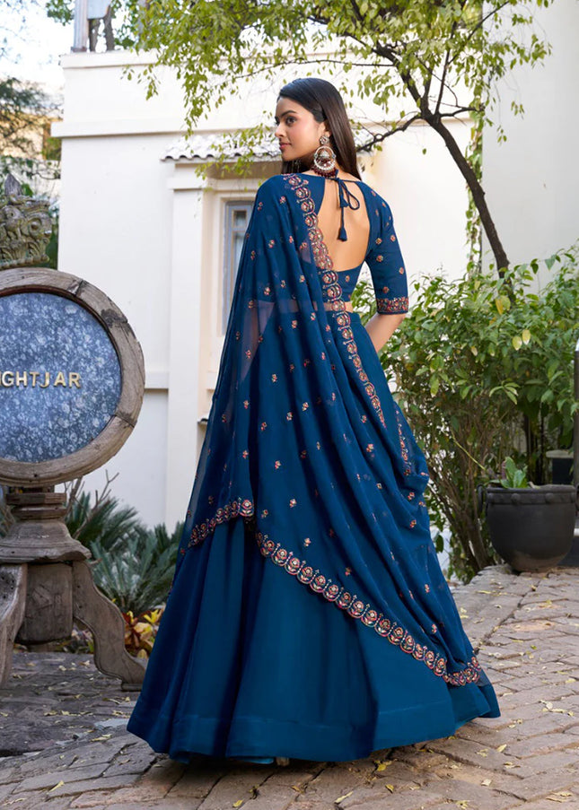 Teal Blue Embroidered Lehenga Choli