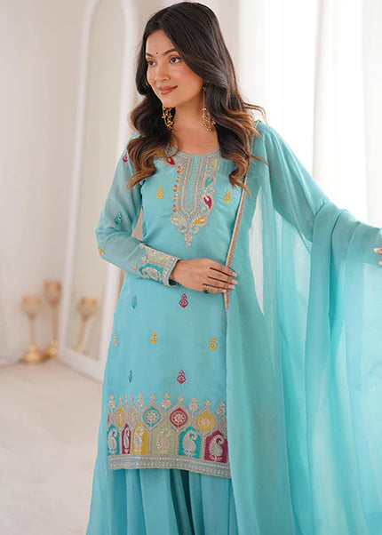 Sky Blue Embroidered Sharara Suit