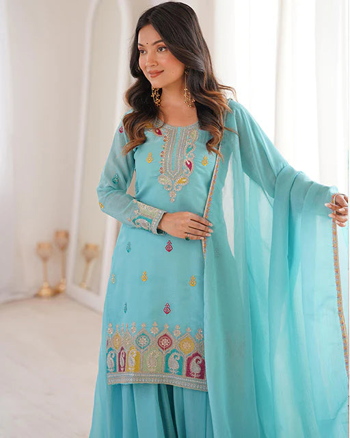 Sky Blue Embroidered Sharara Suit