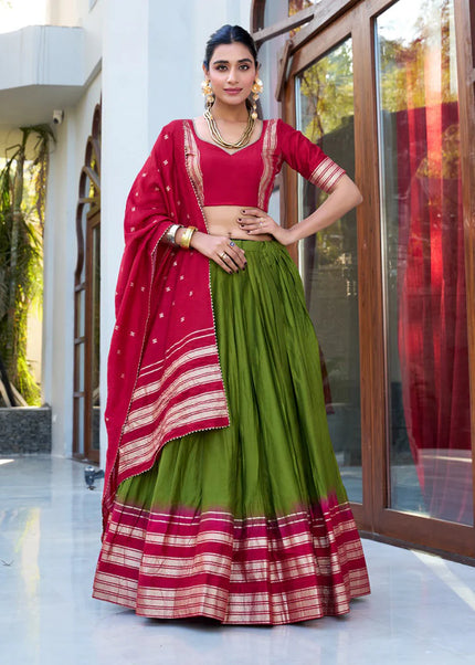 Pink and Green Weaved Lehenga Choli