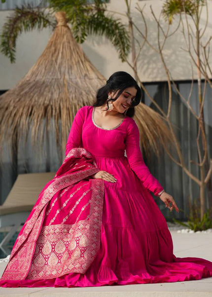 Pink Chanderi Silk Layered Anarkali Suit