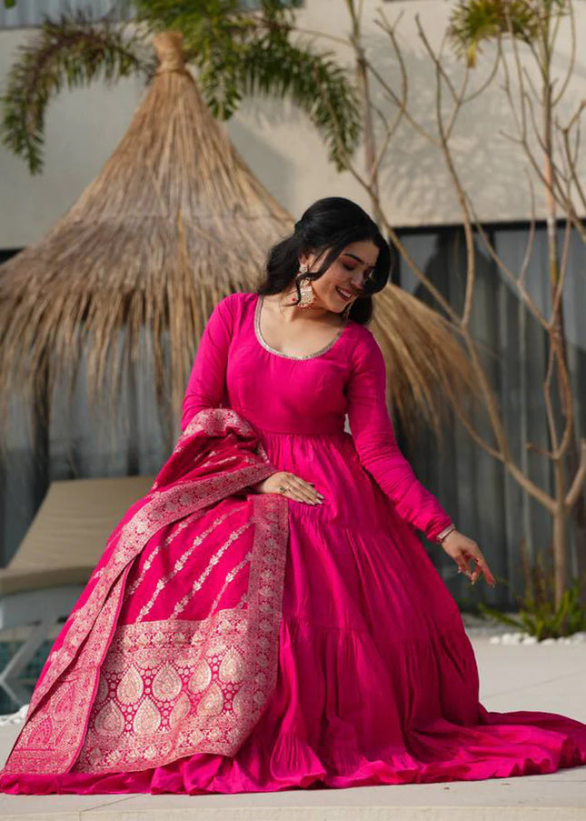 Pink Chanderi Silk Layered Anarkali Suit