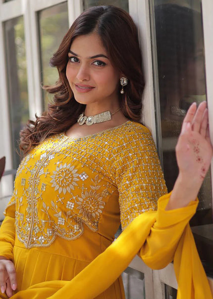 Yellow Embroidered Anarkali Gown