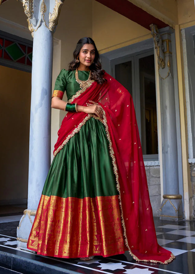 Green and Red Embroidered Lehenga Choli