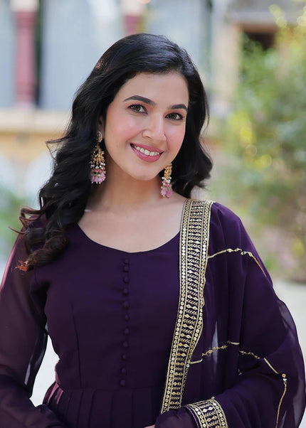 Violet and Gold Embroidered Anarkali Gown
