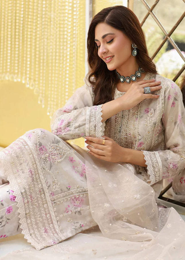 Offwhite Floral printed and embroidery Pant Style Suit