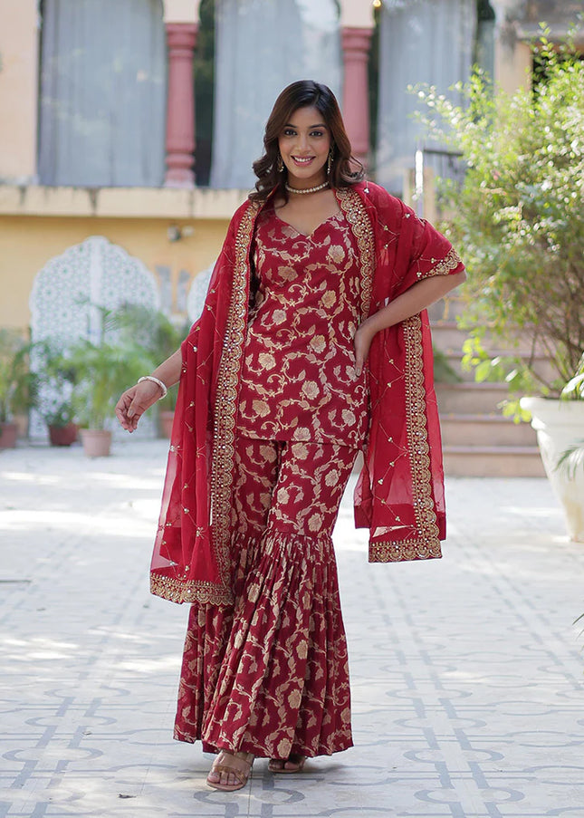 Maroon Embroidered Gharara Suit