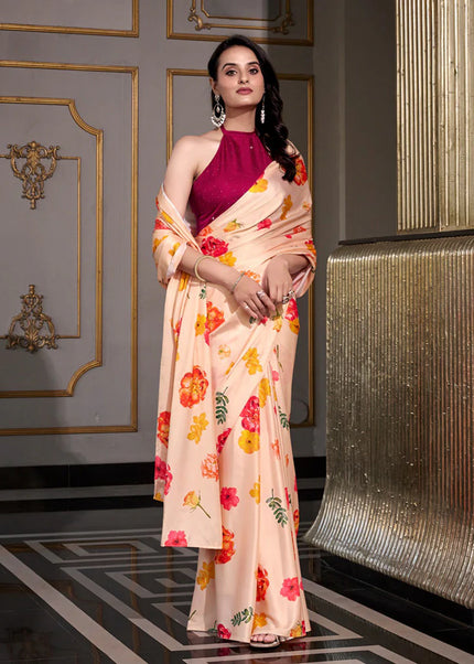 Cream and Pink Floral Printed and Embroidered Saree