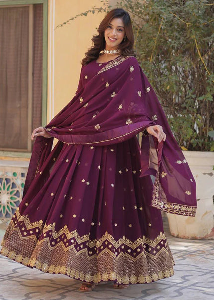 Wine Embroidered Anarkali Gown
