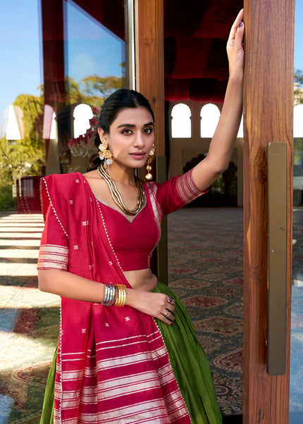 Pink and Green Weaved Lehenga Choli