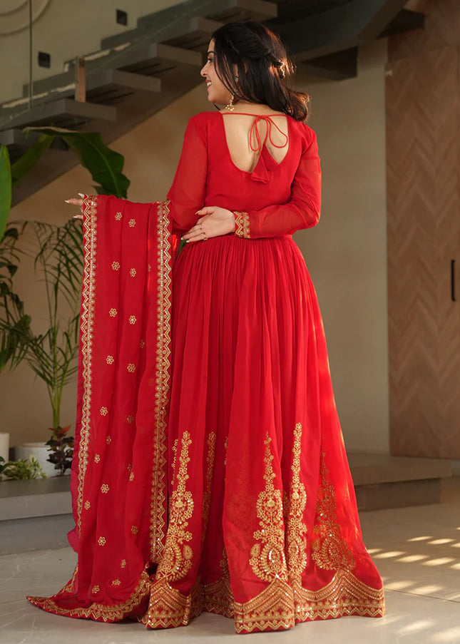Red Embroidered Anarkali Gown