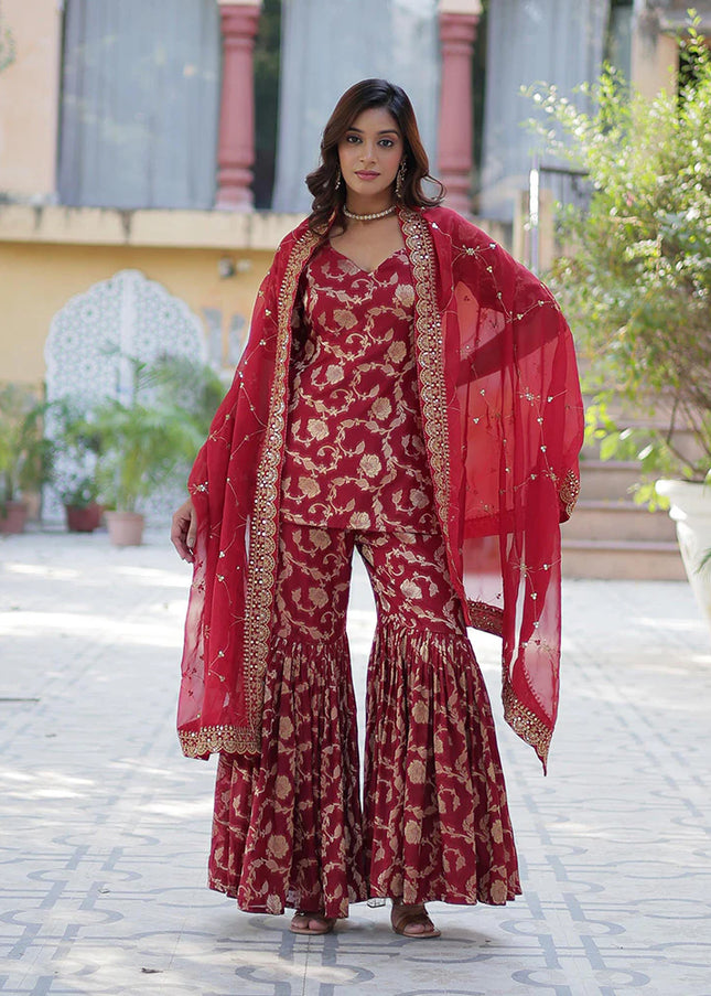 Maroon Embroidered Gharara Suit