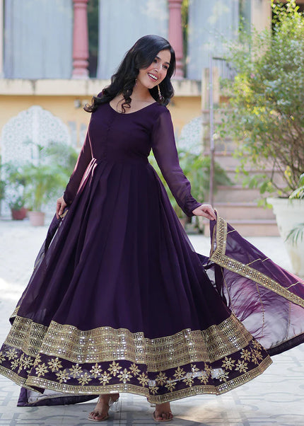 Violet and Gold Embroidered Anarkali Gown