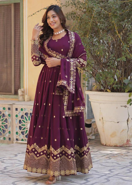 Wine Embroidered Anarkali Gown