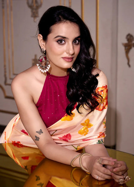 Cream and Pink Floral Printed and Embroidered Saree