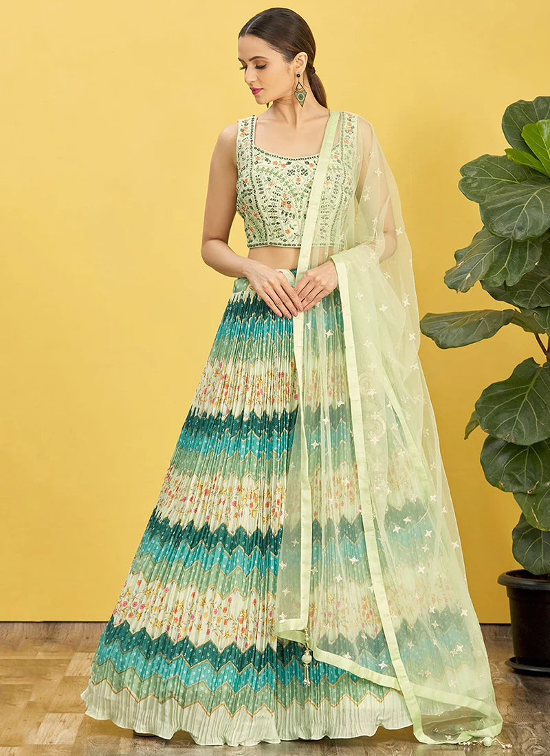 LIGHT GREEN SEQUINS AND DORI EMBROIDERED SOFT NET FESTIVE & PARTY WEAR SEMI  STITCHED LEHENGA - Divine International Trading Co - 4071680