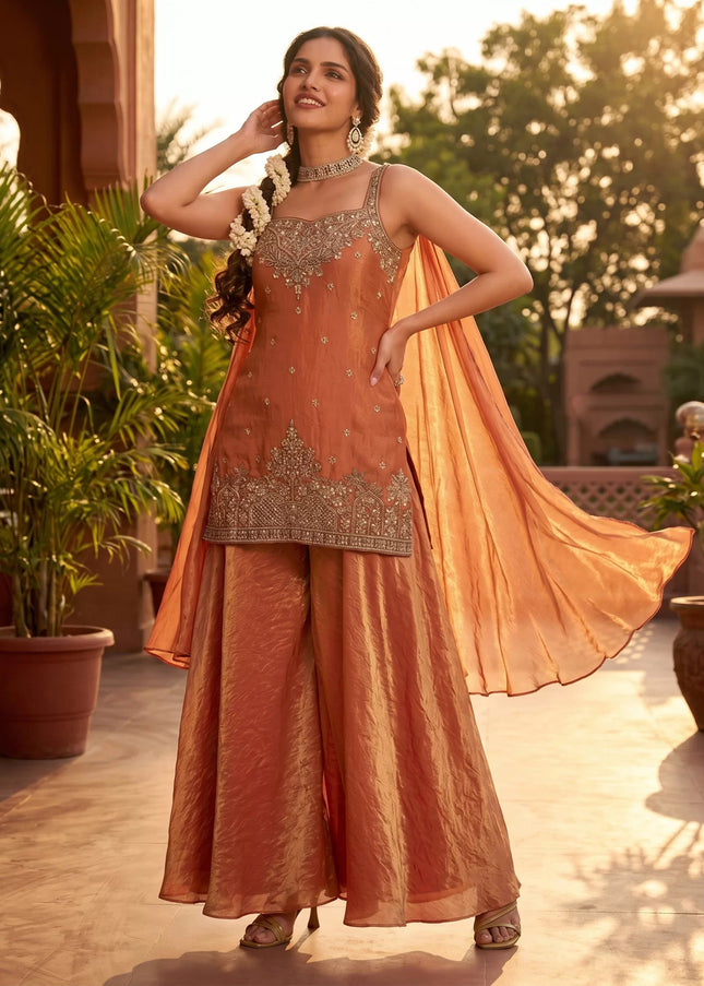 Orange Embroidered Sharara Suit