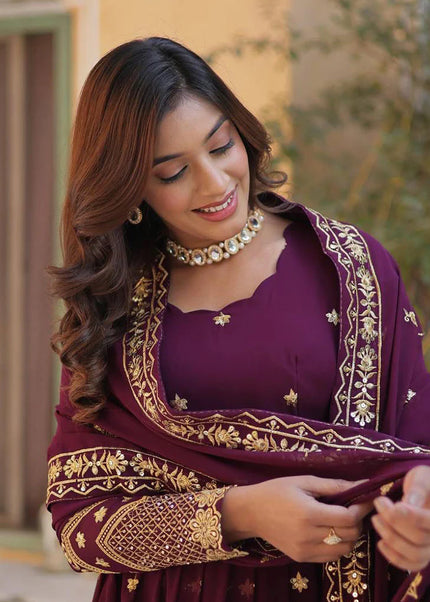 Wine Embroidered Anarkali Gown