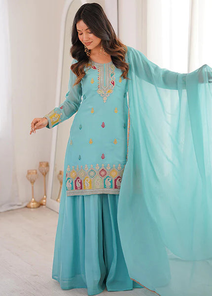 Sky Blue Embroidered Sharara Suit