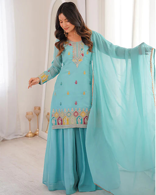Sky Blue Embroidered Sharara Suit