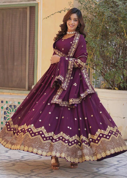 Wine Embroidered Anarkali Gown