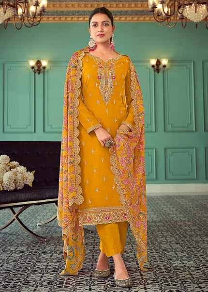 Yellow Embroidered Pant Style Suit