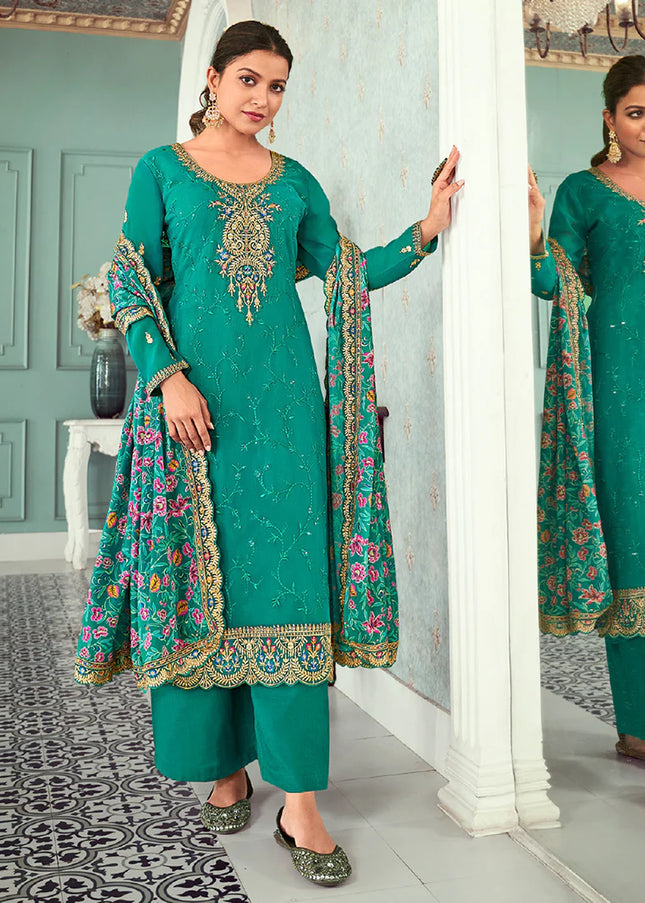 Turquoise Embroidered Pant Style Suit