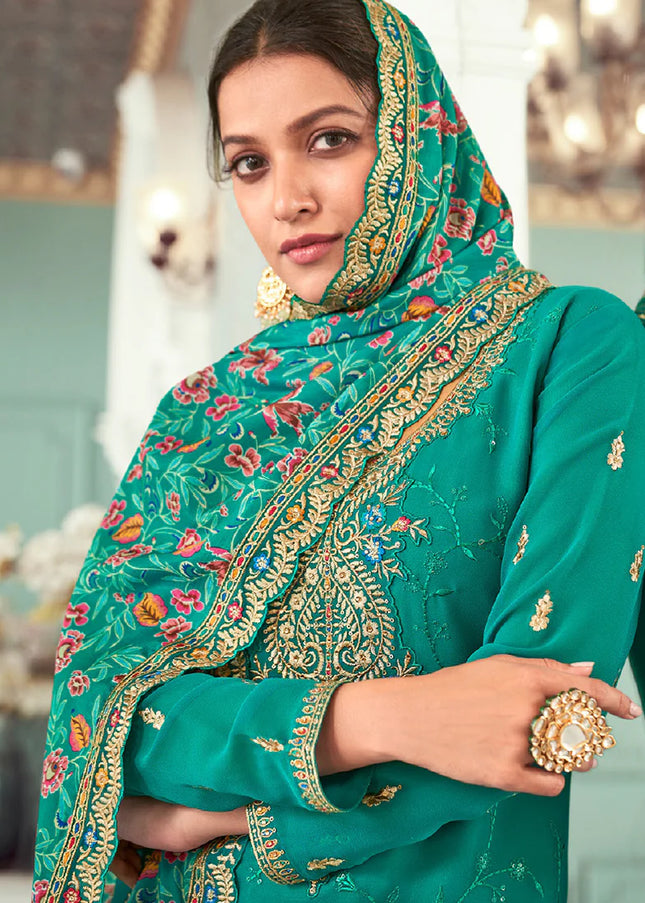 Turquoise Embroidered Pant Style Suit