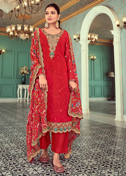 Red Embroidered Pant Style Suit