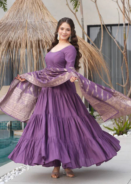Purple Chanderi Silk Layered Anarkali Suit