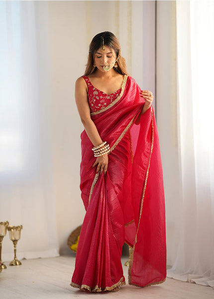 Rani Pink Pre-Draped Saree