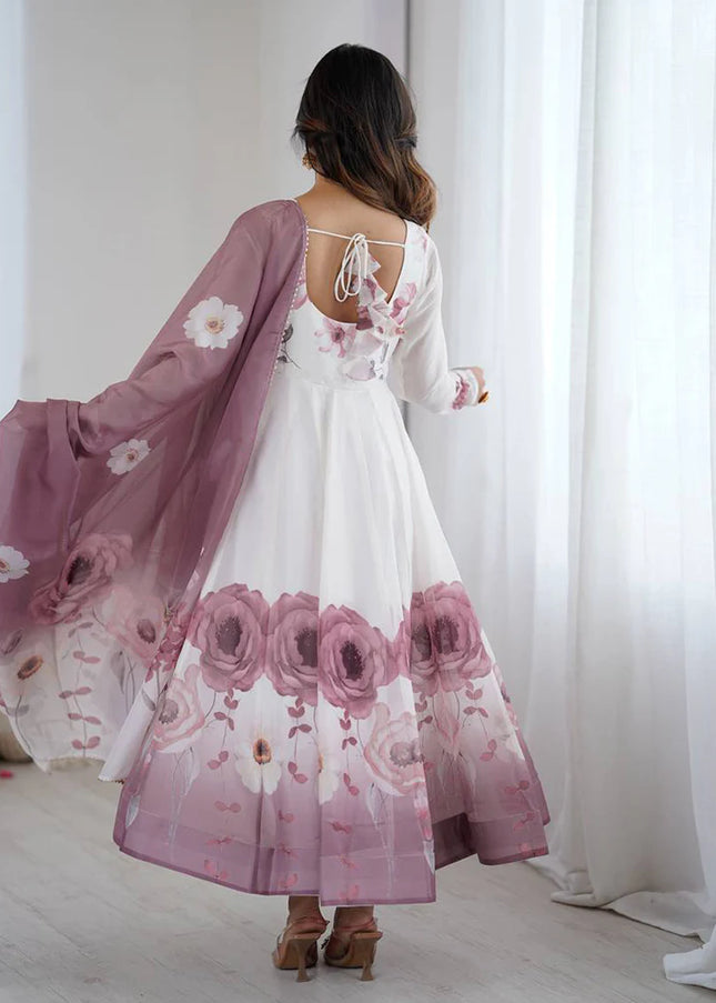 Offwhite and Purple Floral Printed Anarkali Suit