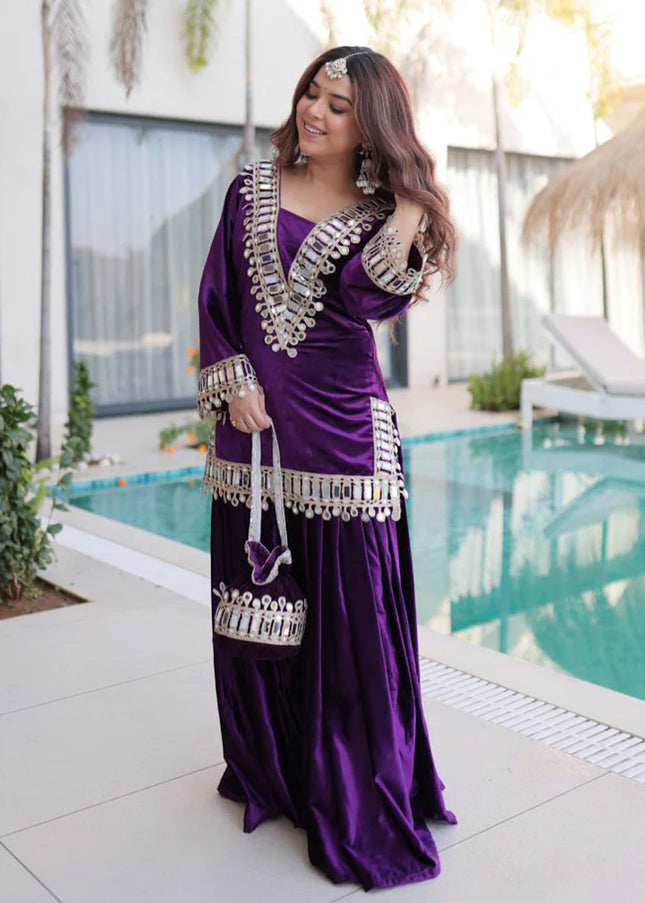 Velvet Embroidered Sharara Suit