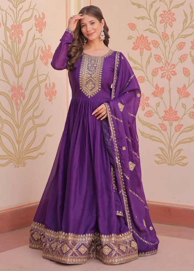 Purple Embroidered Anarkali Gown