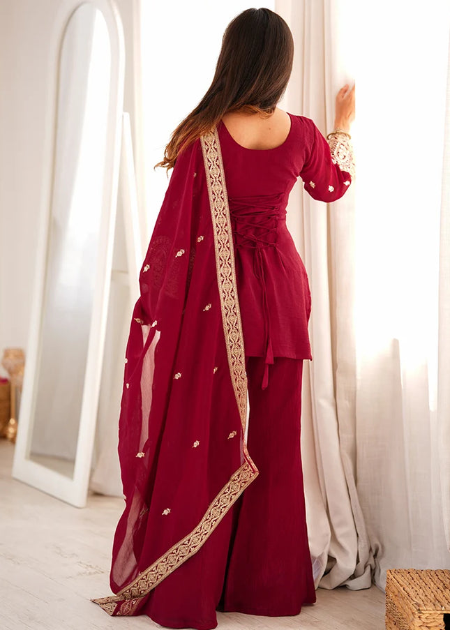 Maroon Embroidered Palazzo Suit
