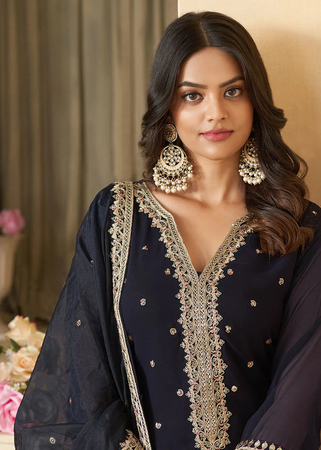 Navy Blue and Gold Embroidered Sharara Suit