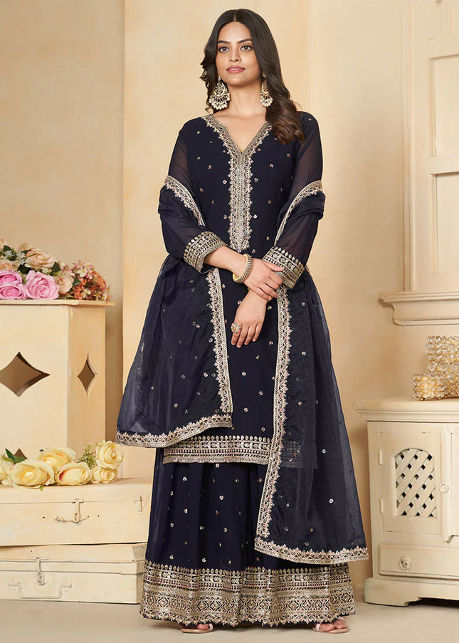 Navy Blue and Gold Embroidered Sharara Suit