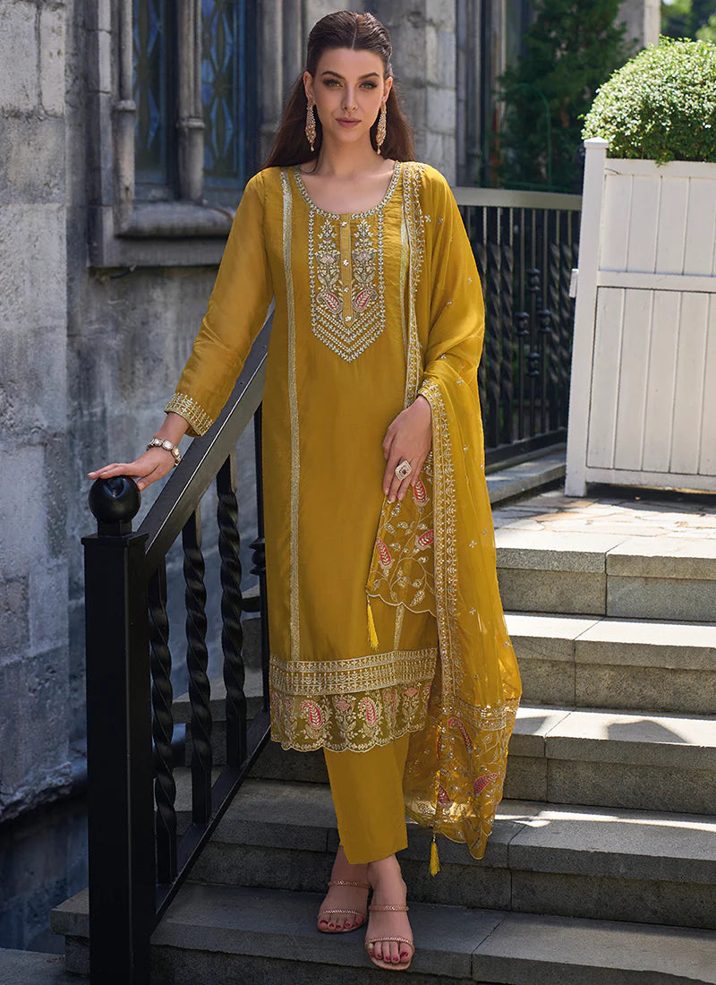 Yellow Embroidered Pant Style Suit In Georgette
