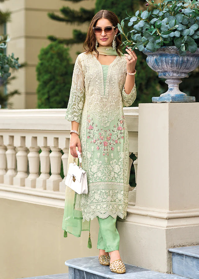 Green Ombre Embroidered Pant Style Suit