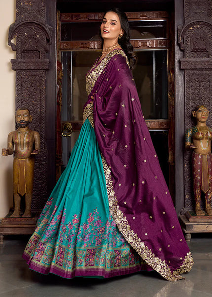 Purple and Turquoise Embroidered Lehenga Choli
