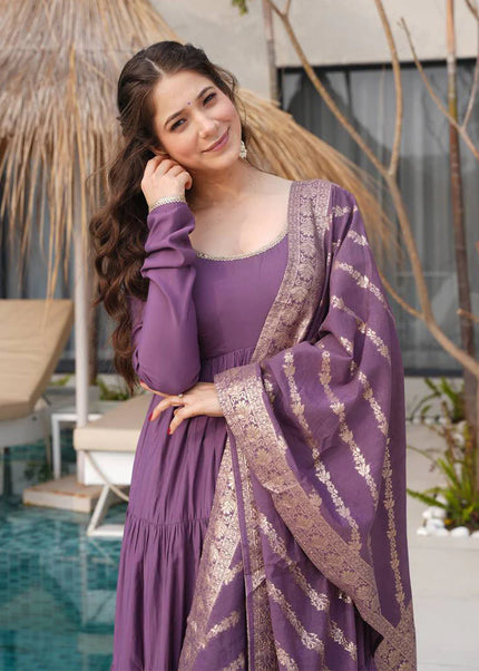 Purple Chanderi Silk Layered Anarkali Suit