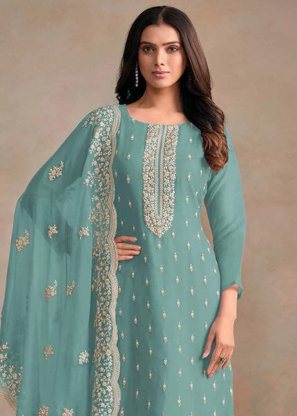 Turquoise Embroidered Pant Style Suit