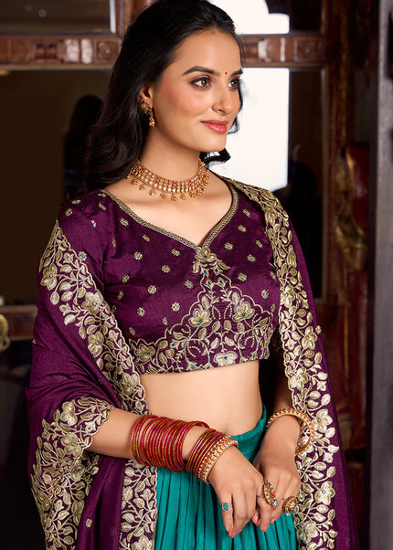 Purple and Turquoise Embroidered Lehenga Choli
