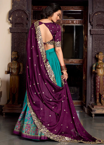 Purple and Turquoise Embroidered Lehenga Choli