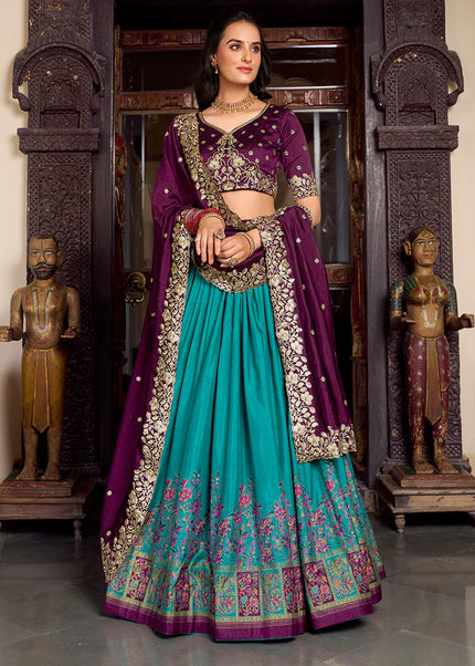 Purple and Turquoise Embroidered Lehenga Choli