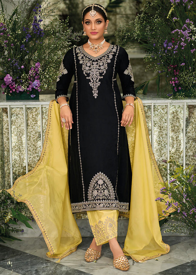 Black and Yellow Embroidered Pant Style Suit