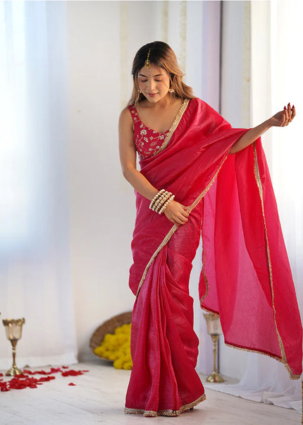 Rani Pink Pre-Draped Saree