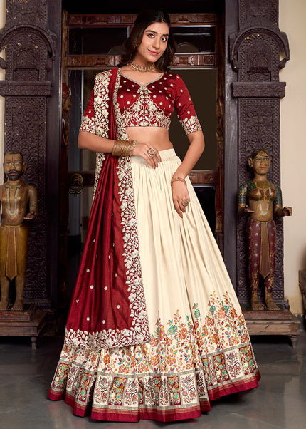 Maroon and Offwhite Embroidered Lehenga Choli