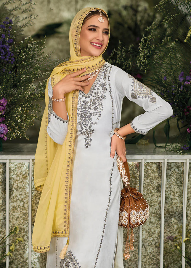 White and Yellow Embroidered Pant Style Suit
