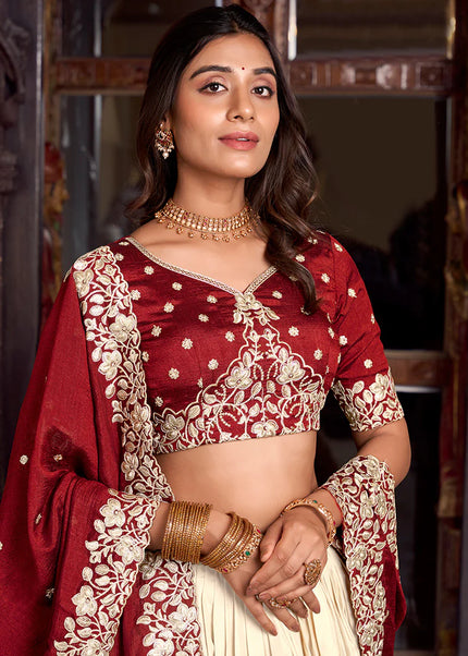 Maroon and Offwhite Embroidered Lehenga Choli